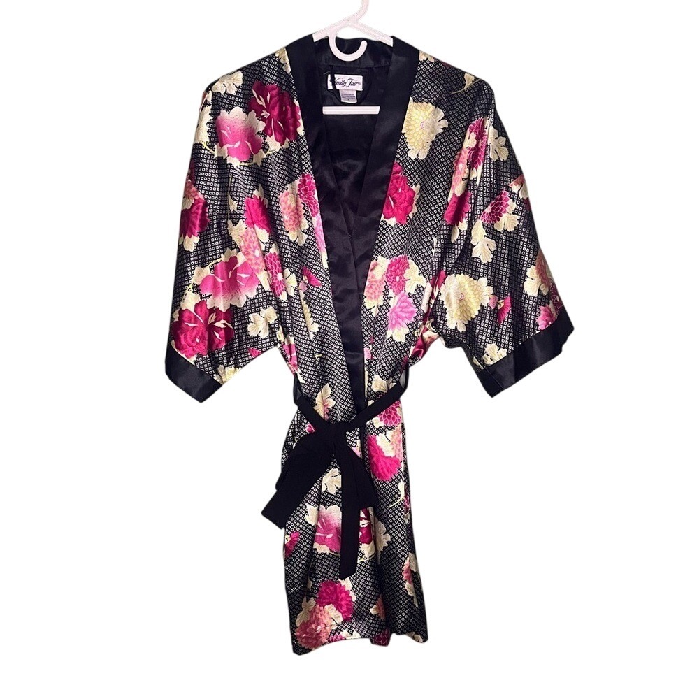 Vanity Fair Womens Floral Kimono Robe Black Pink Satin Short Wrap 08-32-000 M